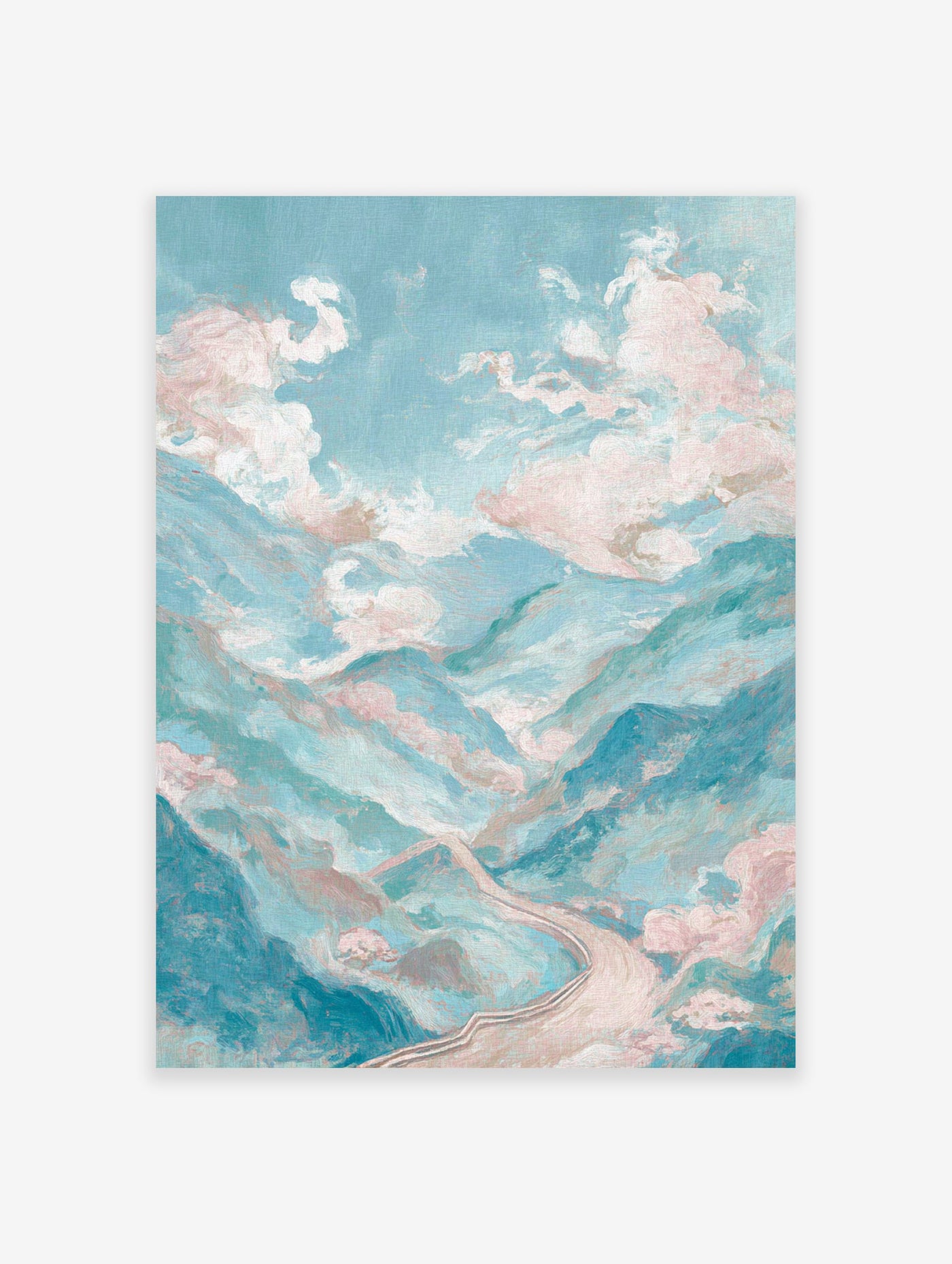 Pastel mountain landscape art painting with teal and pink hues, featuring a winding road and fluffy clouds.