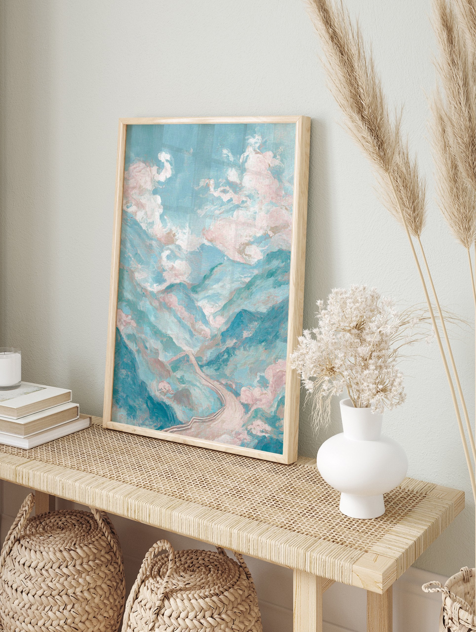 Pastel mountain landscape art painting with teal and pink hues, featuring a winding road and fluffy clouds. - Image 3