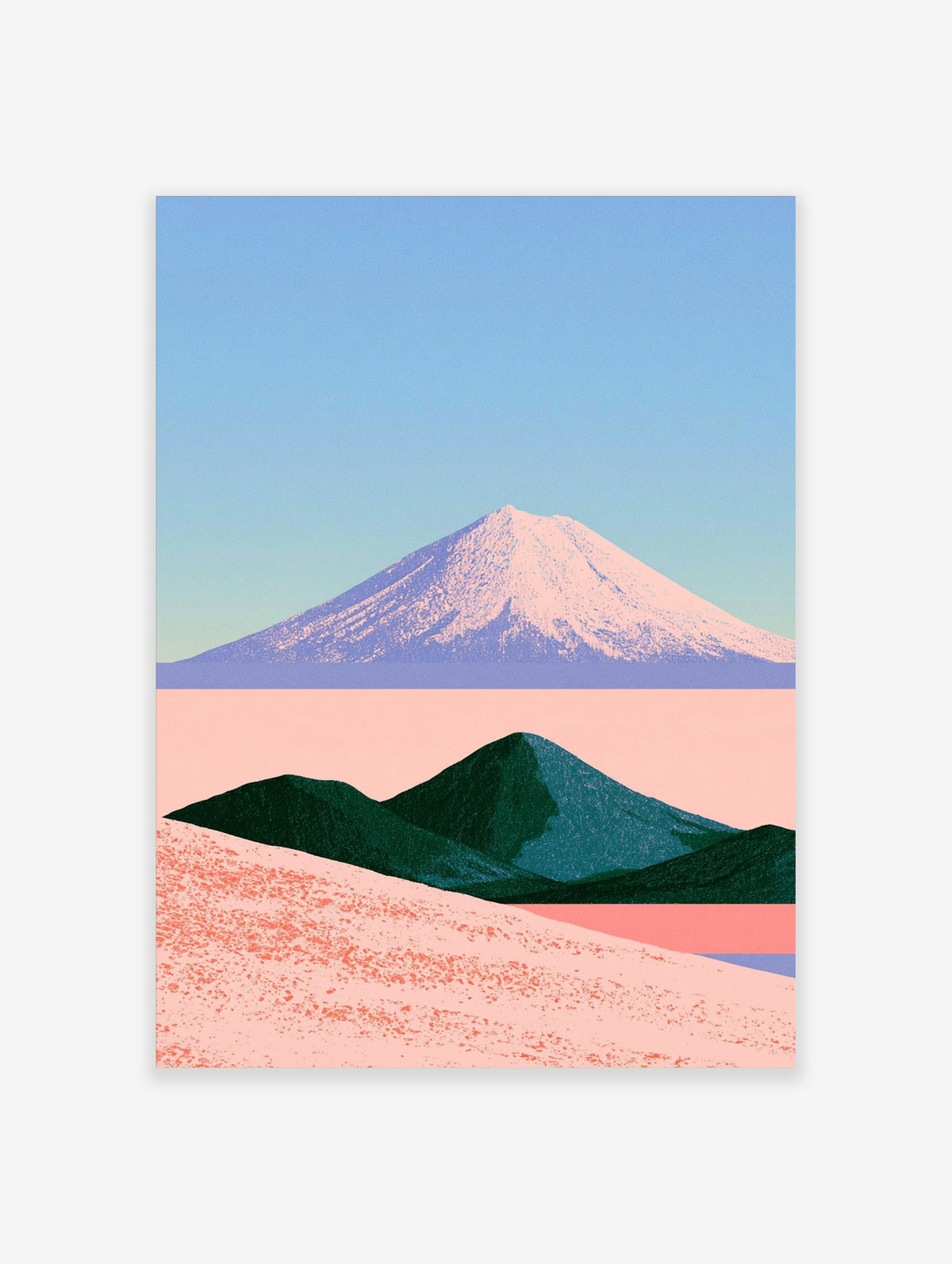 Pastel mountain landscape poster with snow-capped volcano, dark green hills, and pink foreground