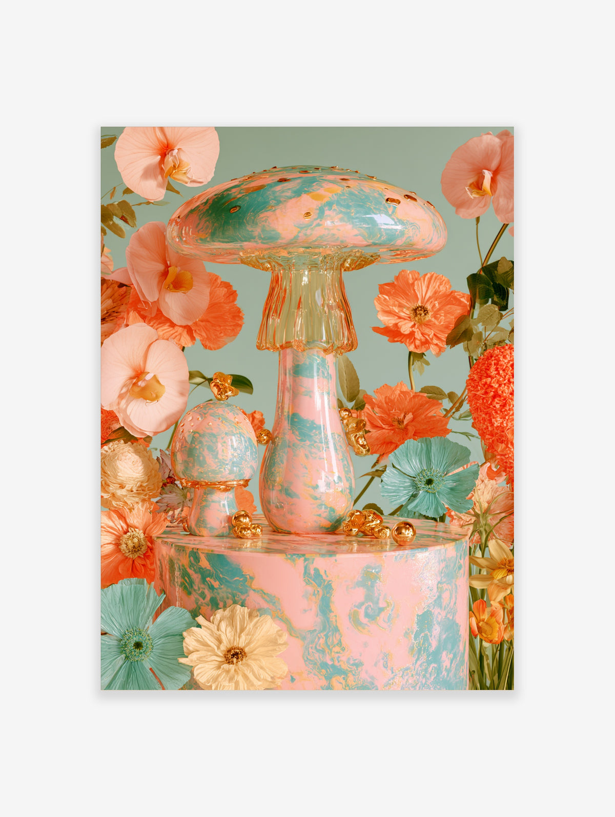 Pastel mushroom art print with marbled teal and pink cap, gold spots, flowers and gold spheres on a cylindrical base