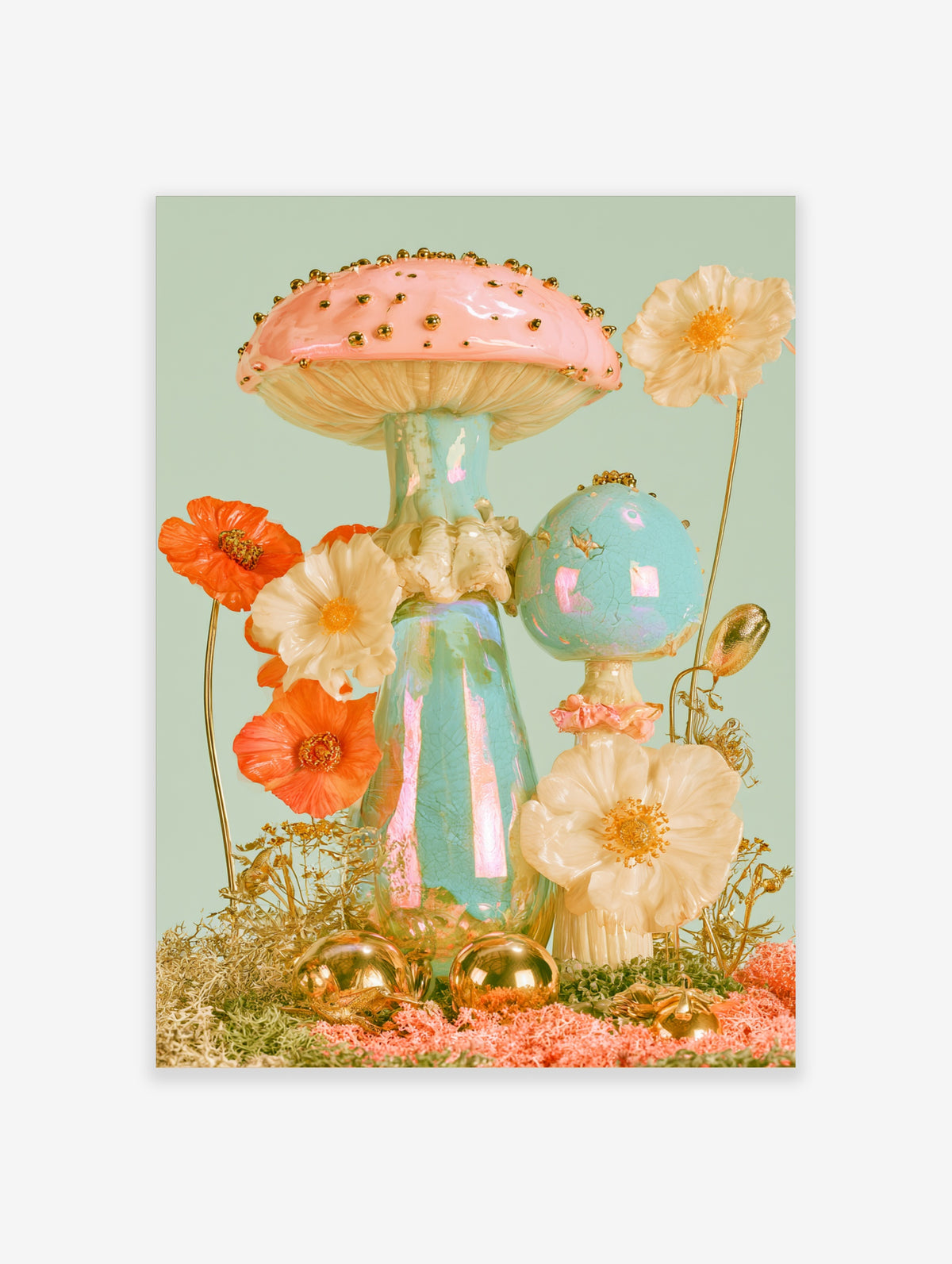 Pastel mushroom art print with pink cap, gold beads, teal stalk, and cream flowers on pale green background