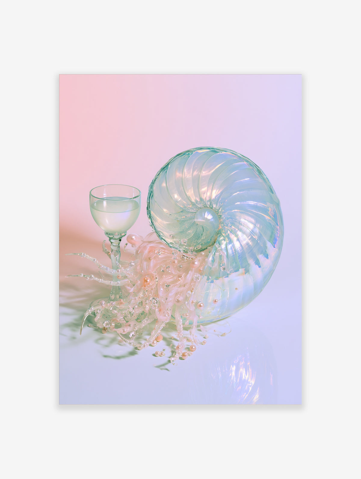 Pastel nautilus shell art print with glass goblet and pearl strands on pink background