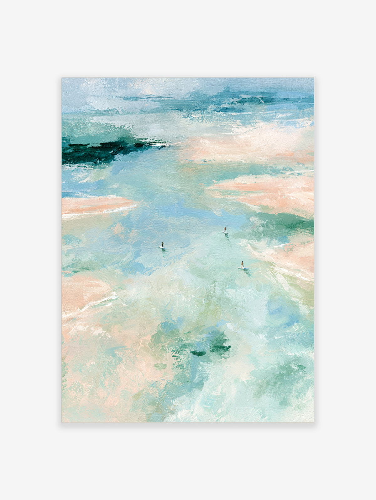 Pastel ocean surf print with three surfers on gentle waves in mint, peach, and teal