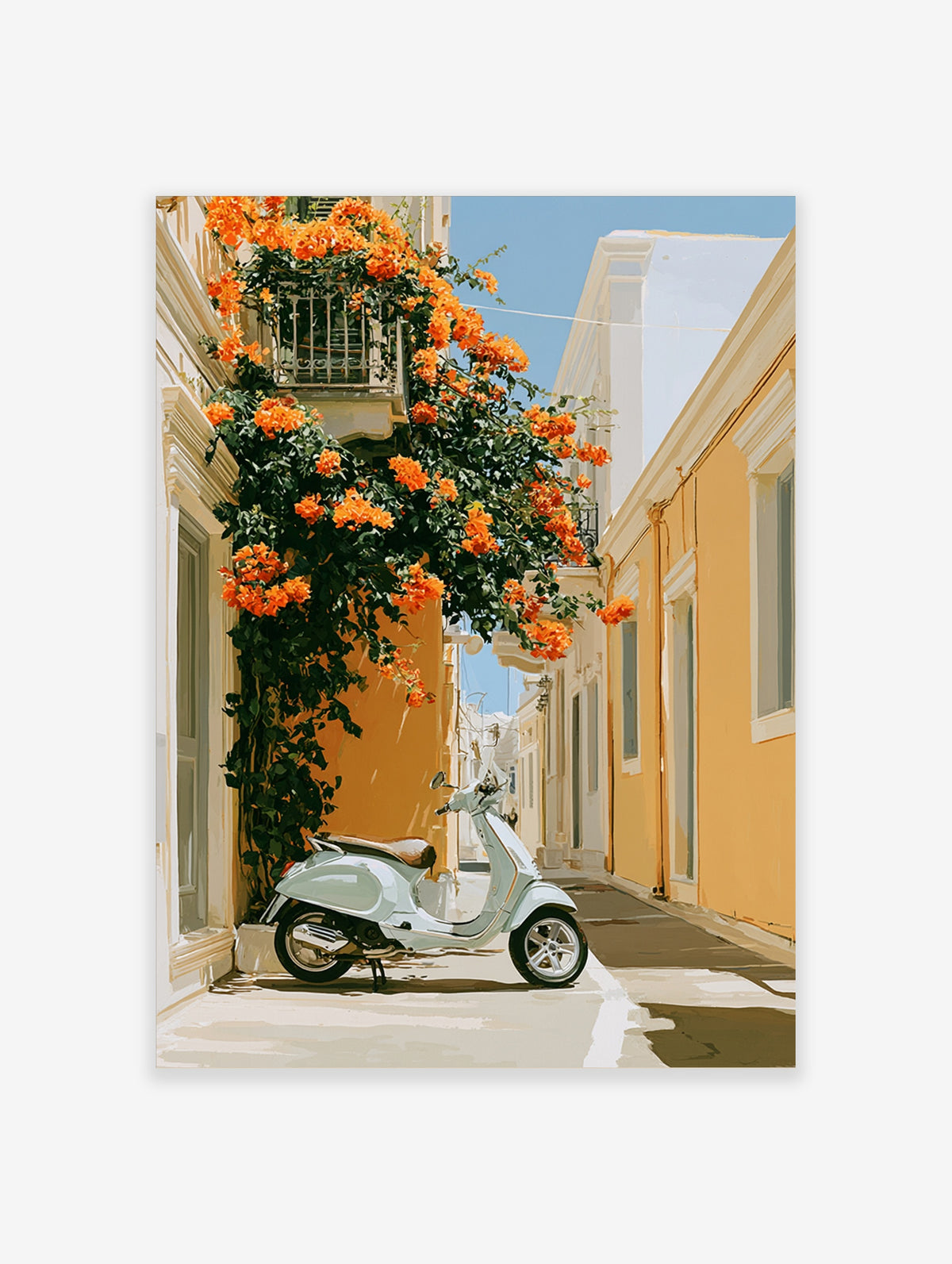 Pastel blue scooter parked in a Mediterranean alley with orange bougainvillea and yellow walls
