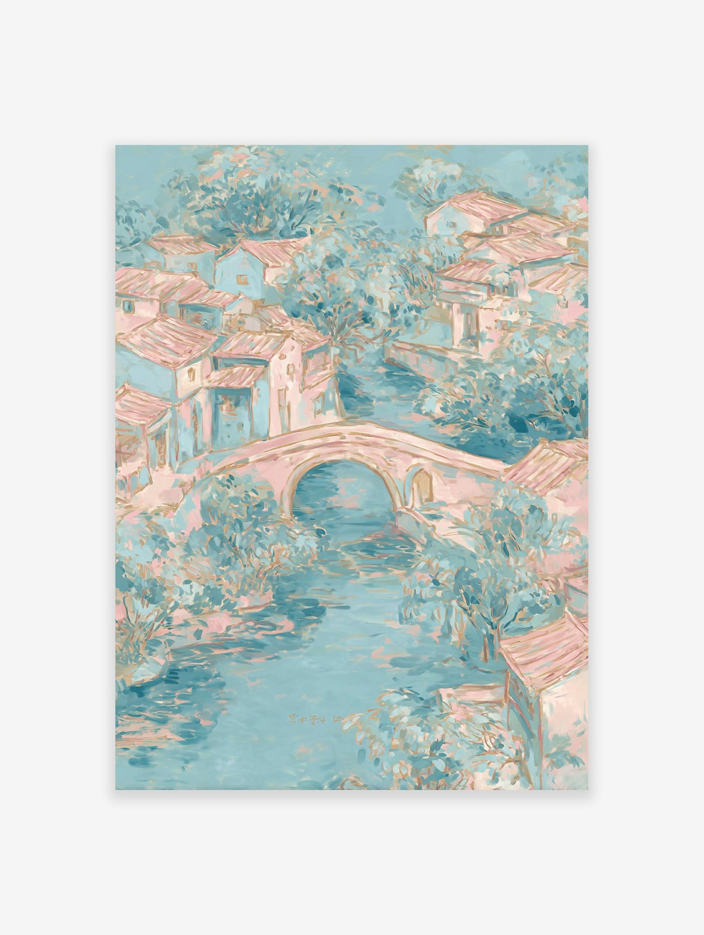 Pastel village landscape painting with a river, stone bridge, and houses in soft blue and pink tones.