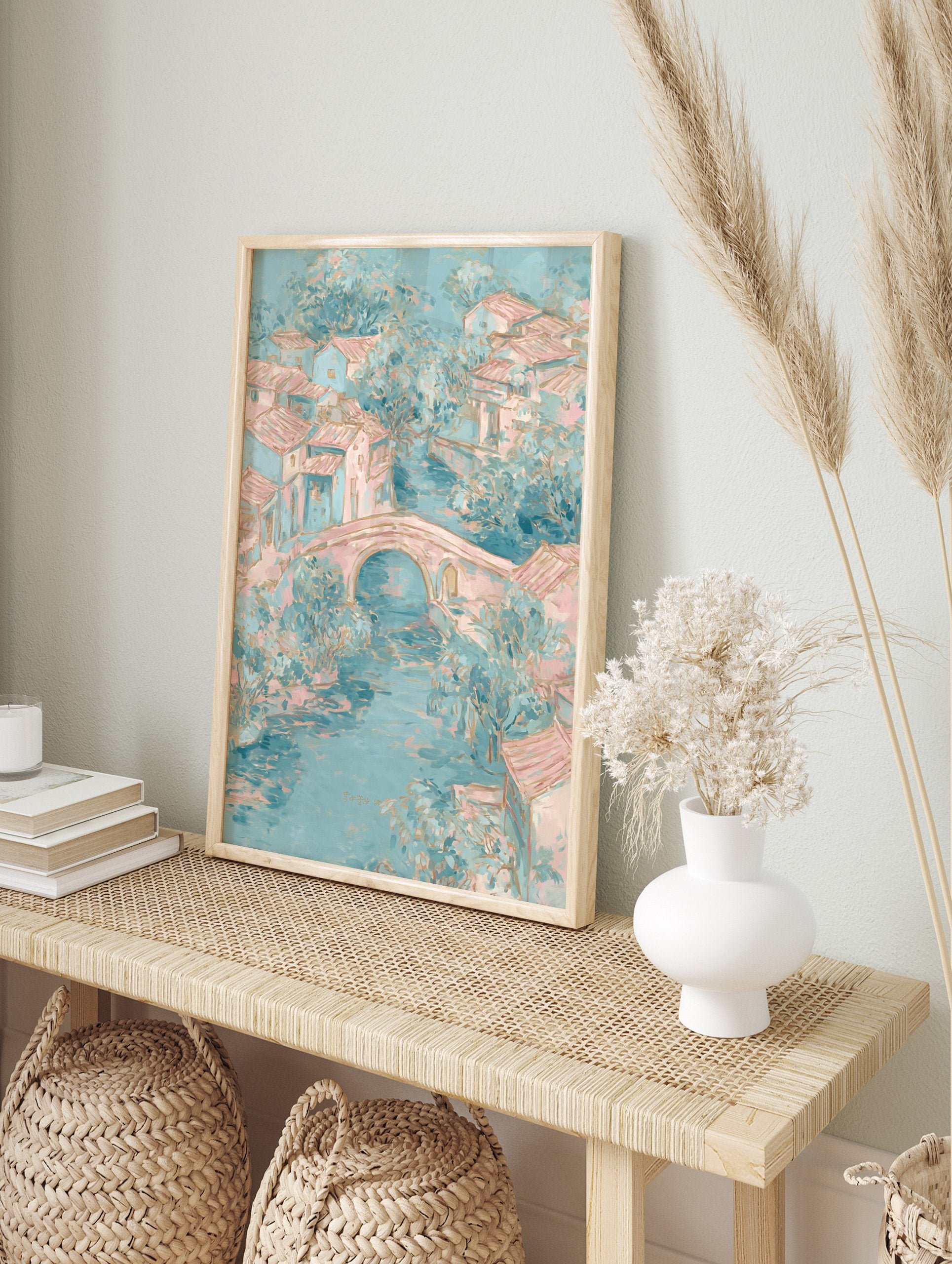 Pastel village landscape painting with a river, stone bridge, and houses in soft blue and pink tones. - Image 3