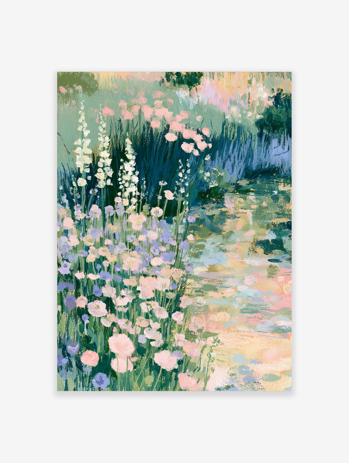 Pastel wildflower garden art print with pink, lilac and white flowers against deep green foliage