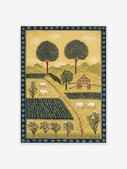 Folk art pastoral landscape print with trees, green hills, hut, fields, and white sheep grazing