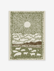 Pastoral sunburst landscape print with grazing sheep, mountains, clouds, and decorative border in green and brown