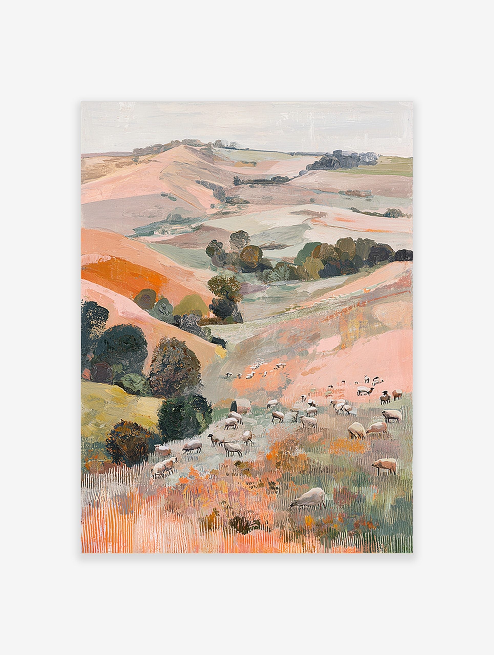 Painterly landscape art print of a pastoral valley with rolling hills, trees, and many grazing sheep