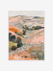 Painterly landscape art print of a pastoral valley with rolling hills, trees, and many grazing sheep