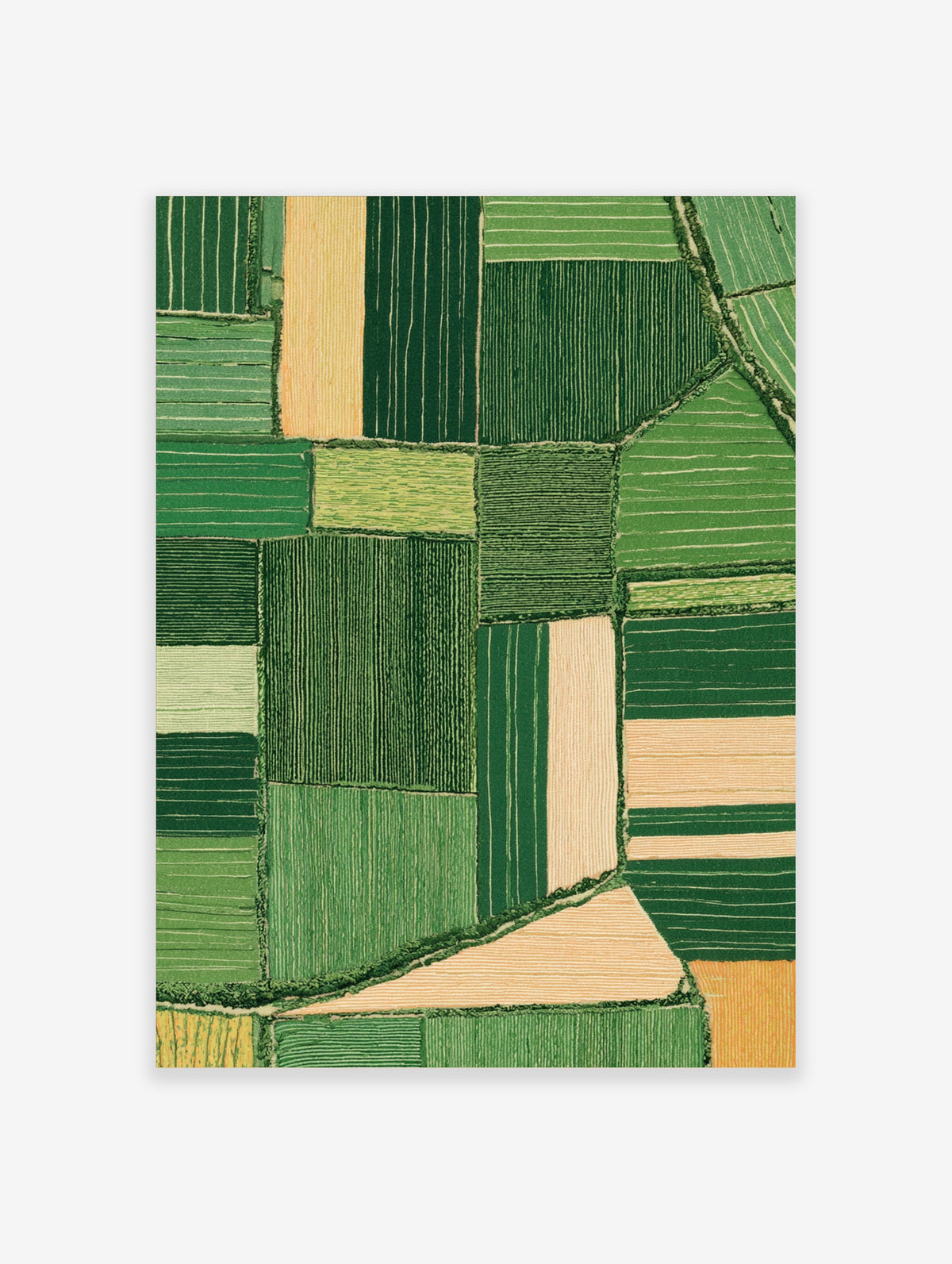 Aerial view of green and beige patchwork farmland fields, illustrative landscape wall art print