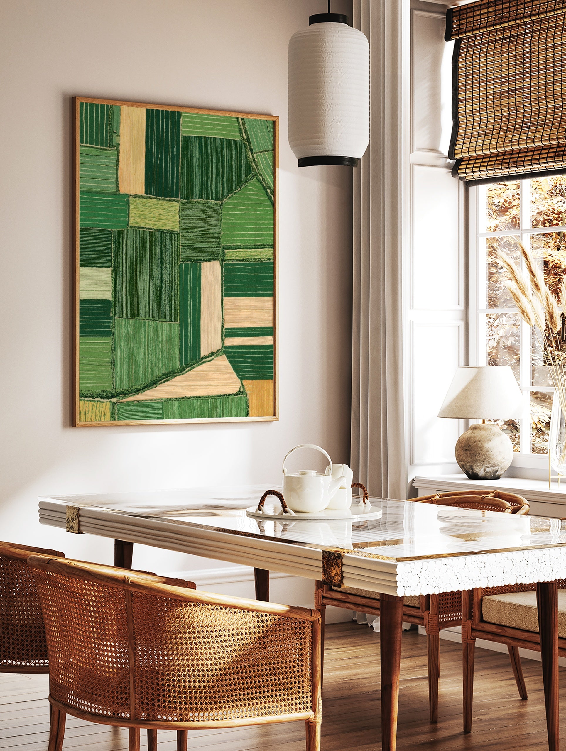 Aerial view of green and beige patchwork farmland fields, illustrative landscape wall art print, in a styled room mockup