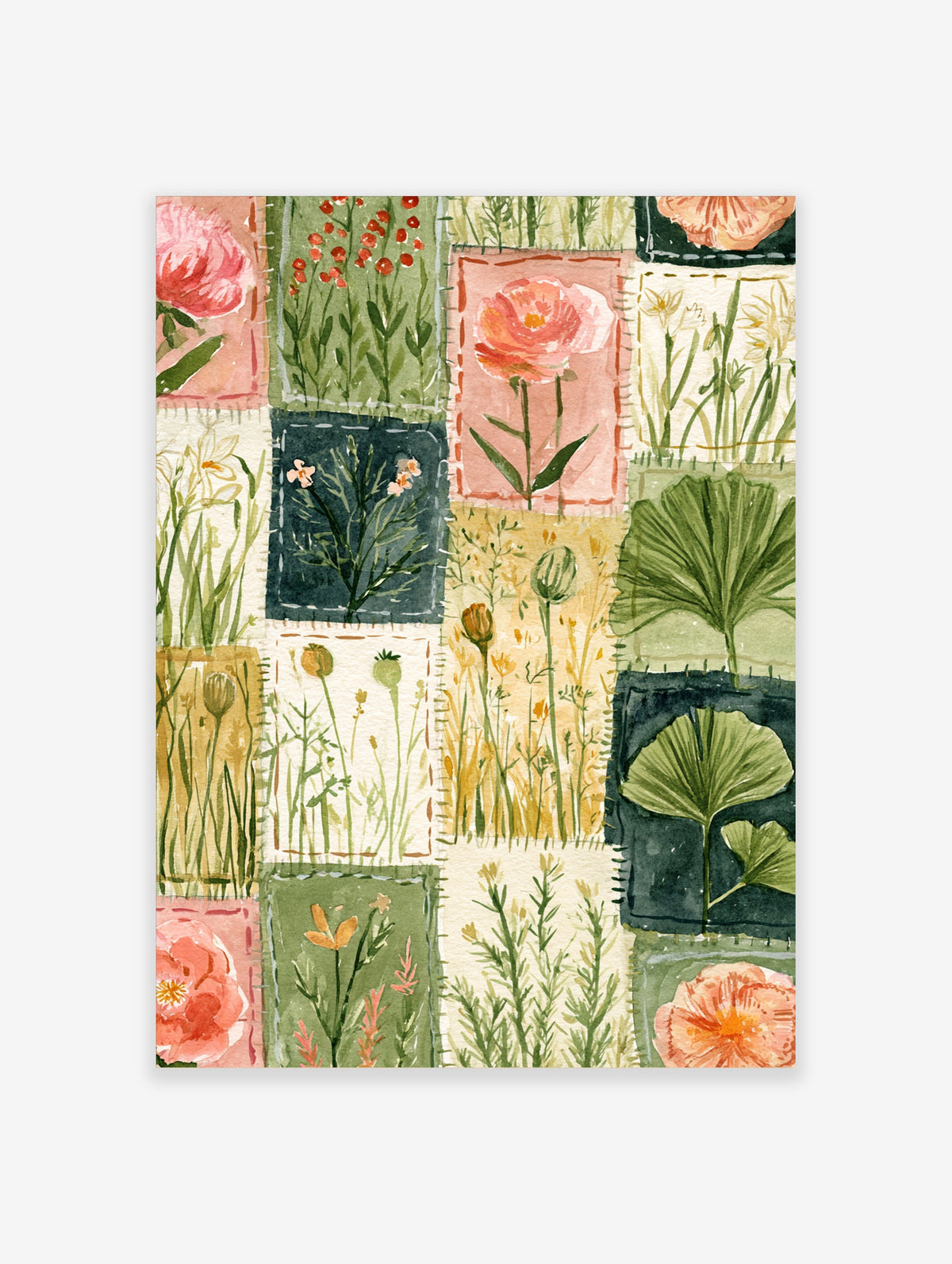 Watercolour patchwork floral art print with pink roses, green ginkgo leaves, and stitched grid panels
