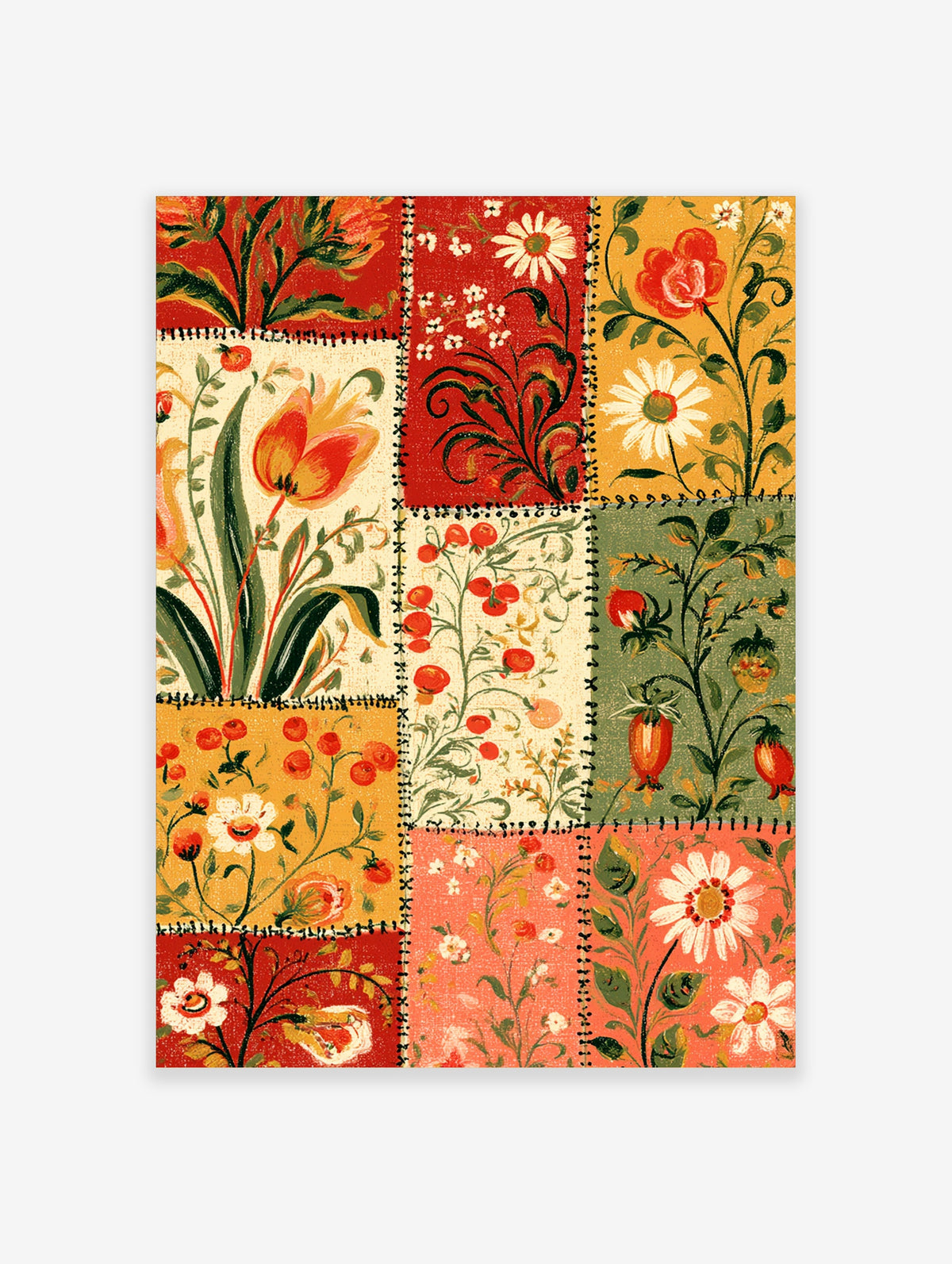 Patchwork floral art print with red tulips, daisies, berries and green leaves in stitched grid panels