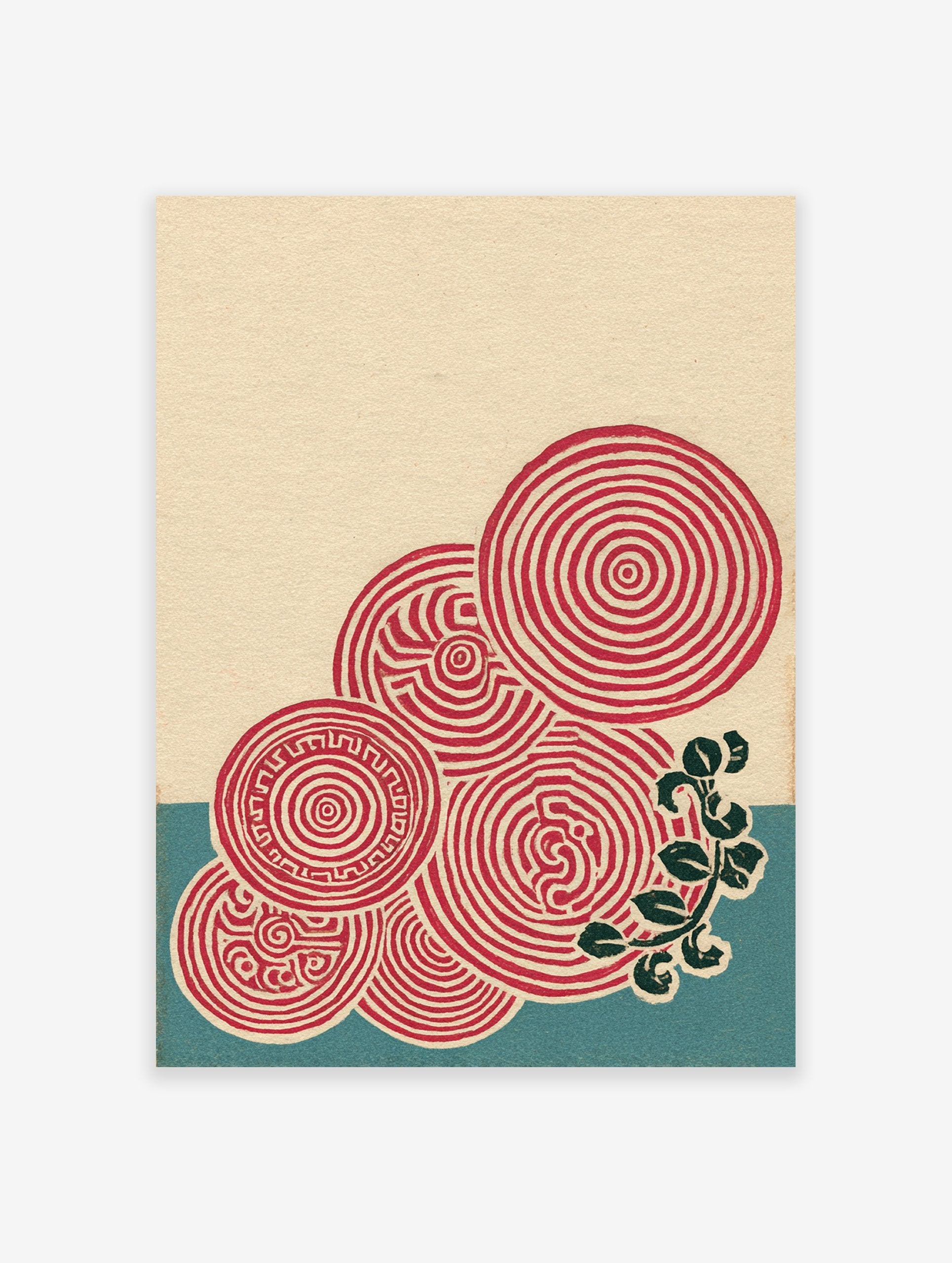 Abstract pattern art print featuring red concentric circles, maze-like patterns, and green leaves on a cream and blue background.