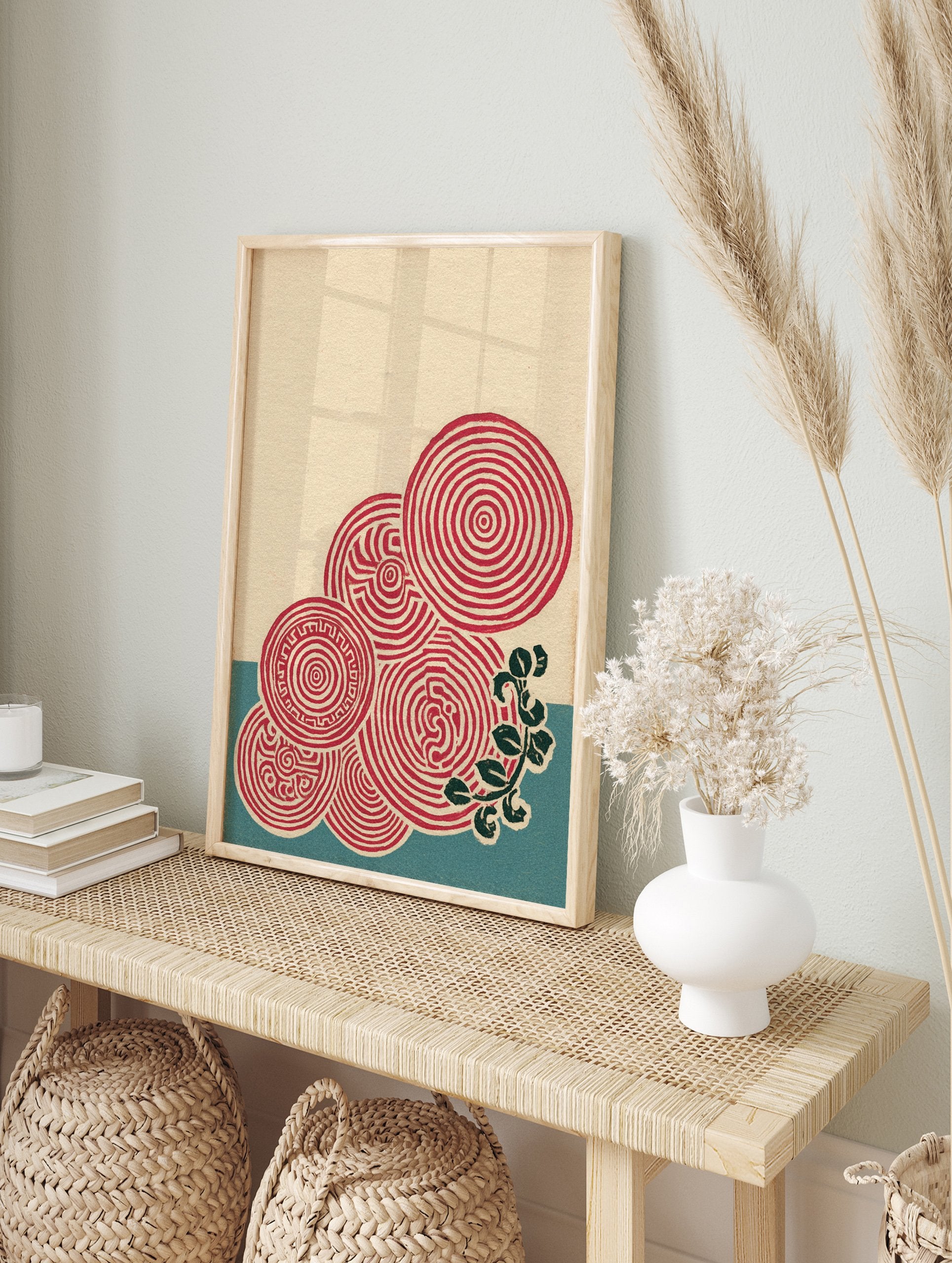 Abstract pattern art print featuring red concentric circles, maze-like patterns, and green leaves on a cream and blue background. - Image 3