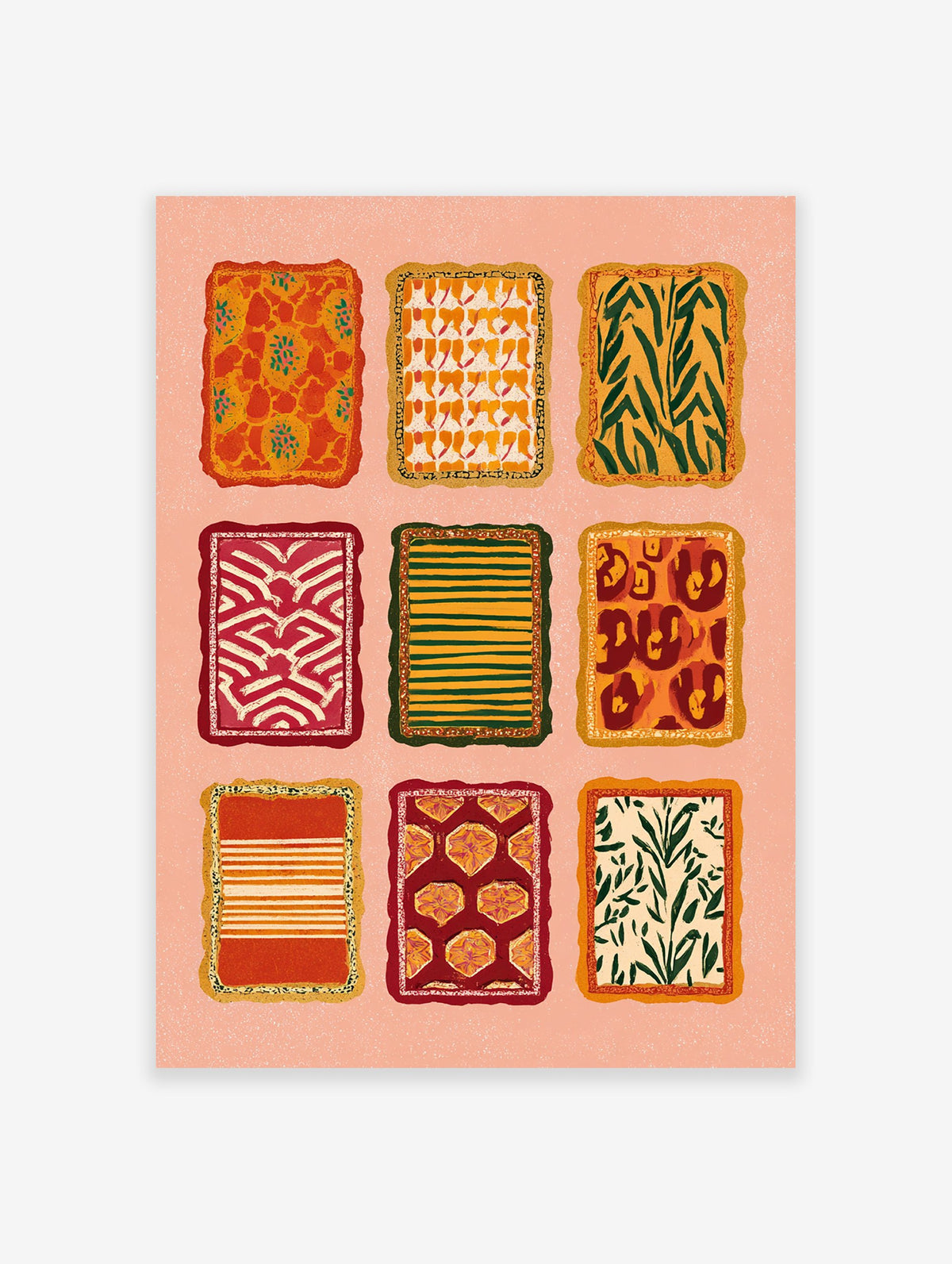 Grid of nine multi-color pattern art designs with abstract, botanical, and animal prints in warm tones on a peach background.