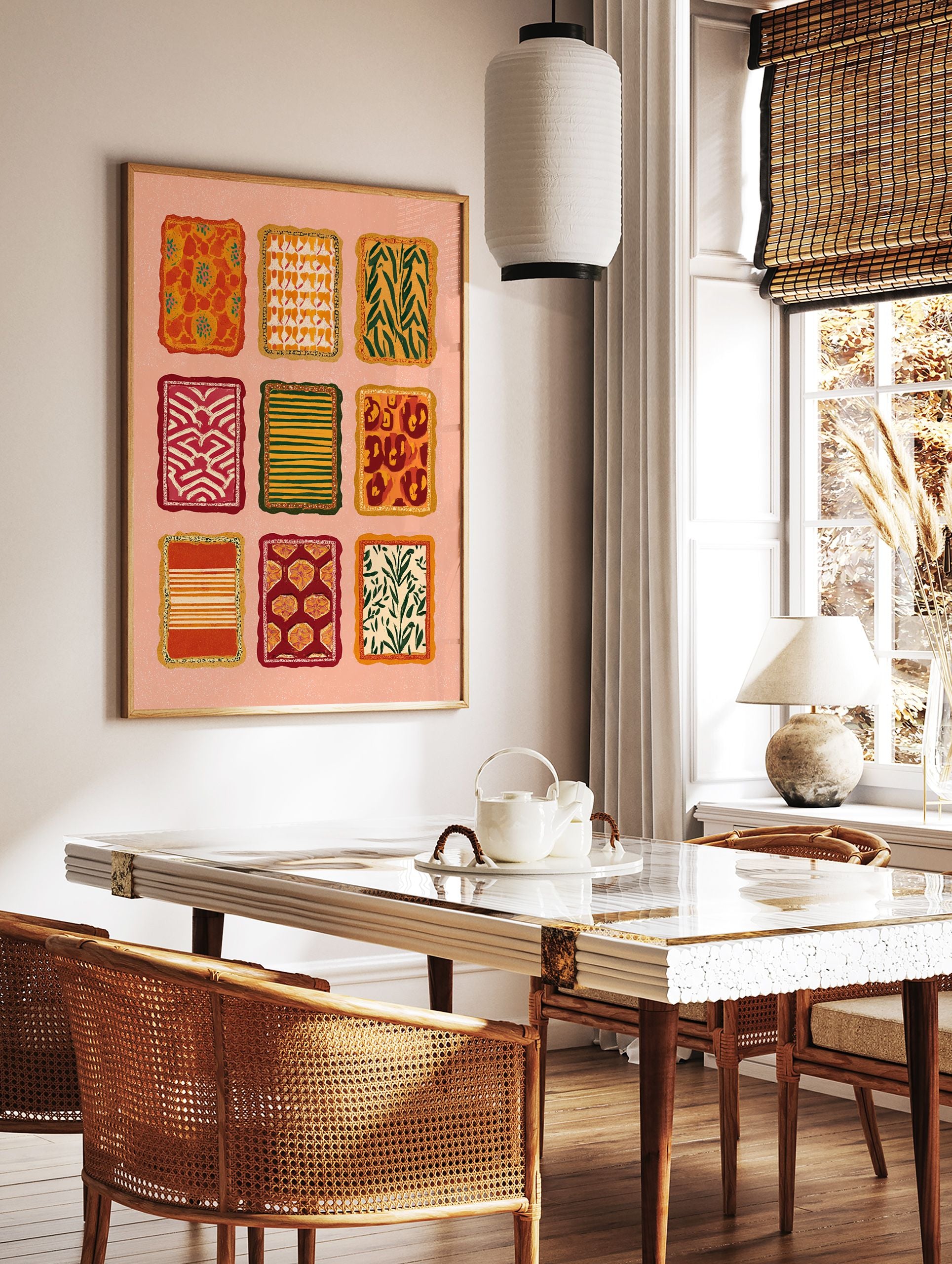 Grid of nine multi-color pattern art designs with abstract, botanical, and animal prints in warm tones on a peach background. - Image 2