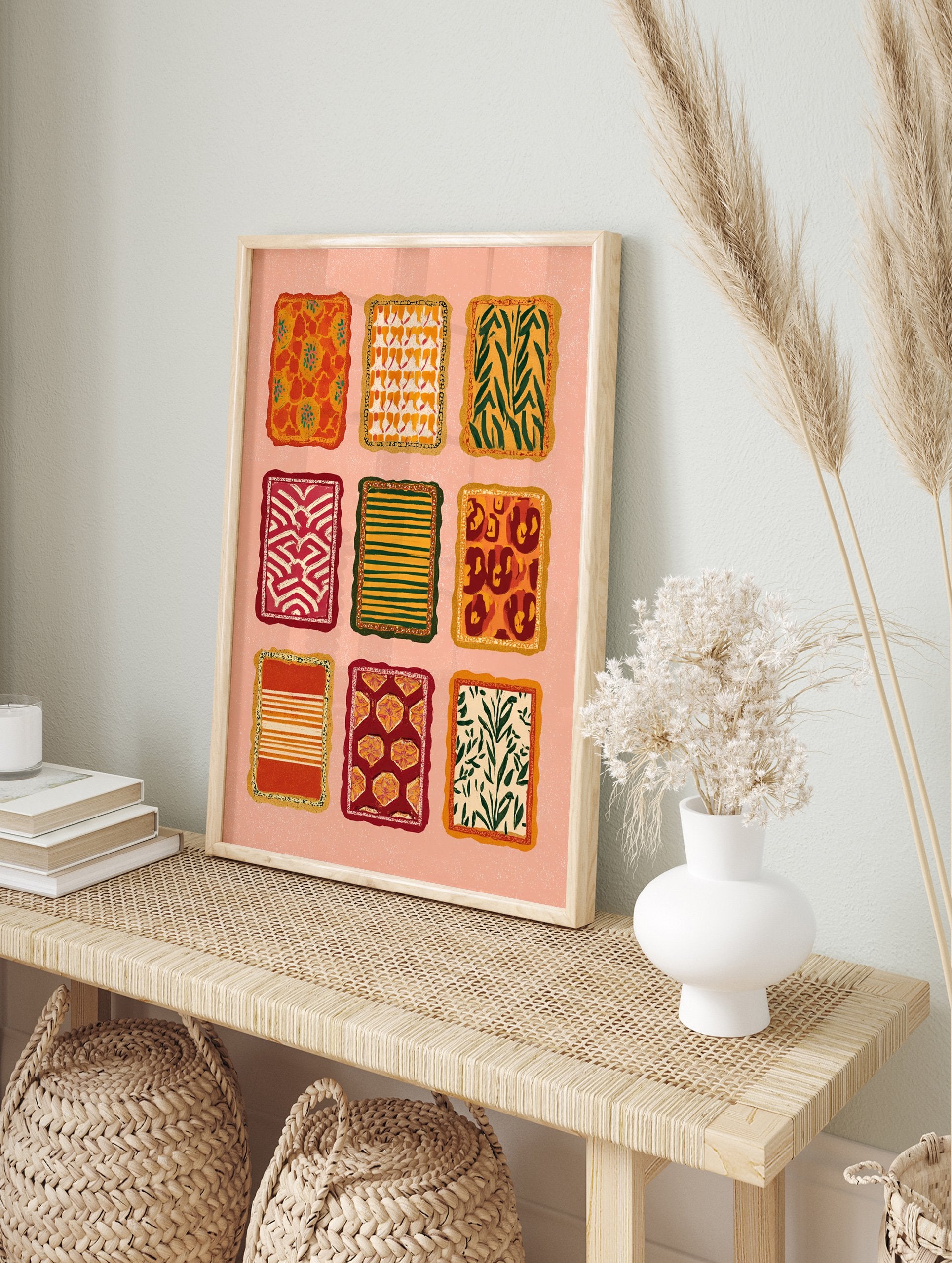 Grid of nine multi-color pattern art designs with abstract, botanical, and animal prints in warm tones on a peach background. - Image 3