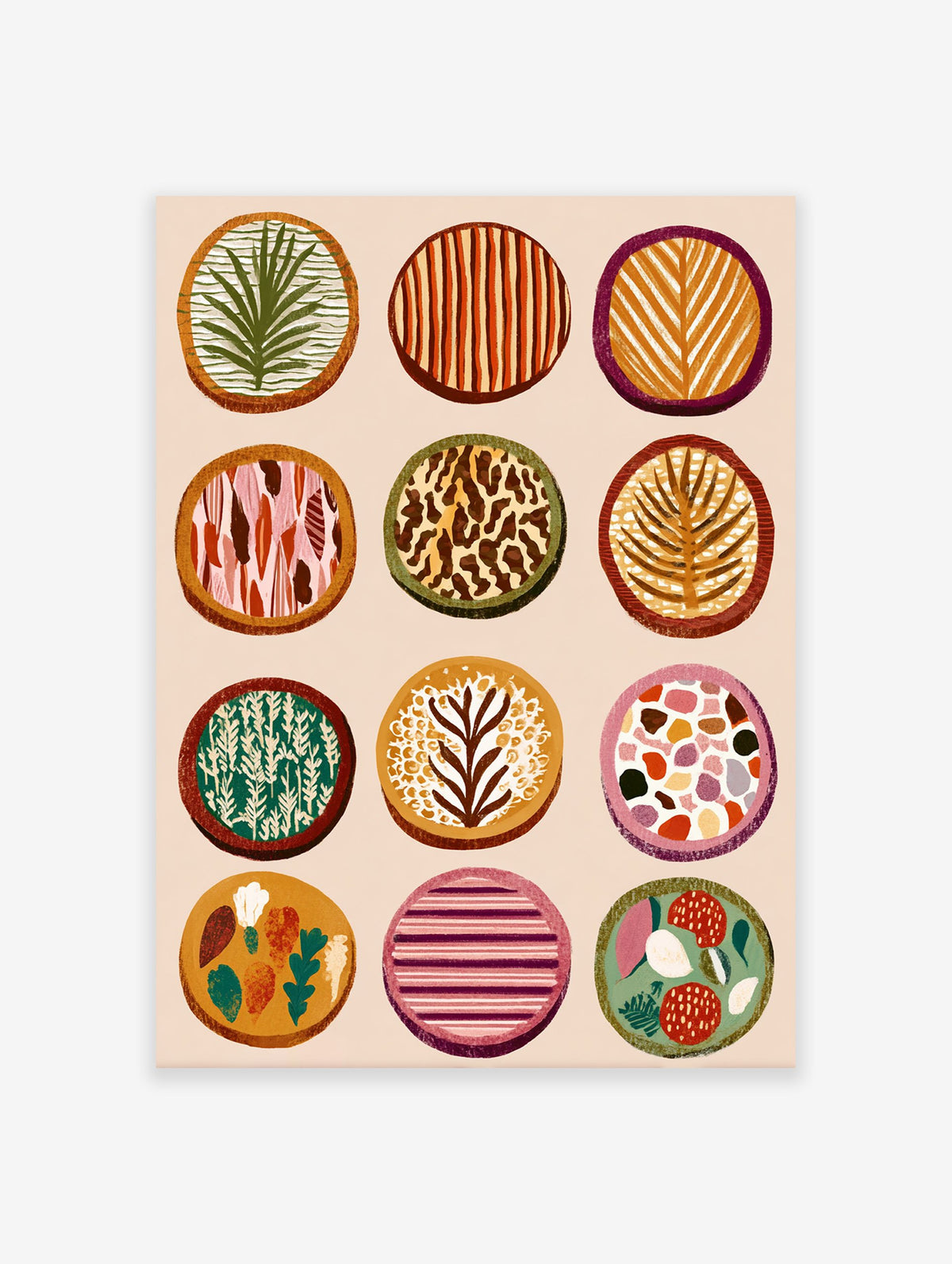 Twelve colorful circular patterns, including botanical leaves, stripes, and animal print, arranged on a light background.