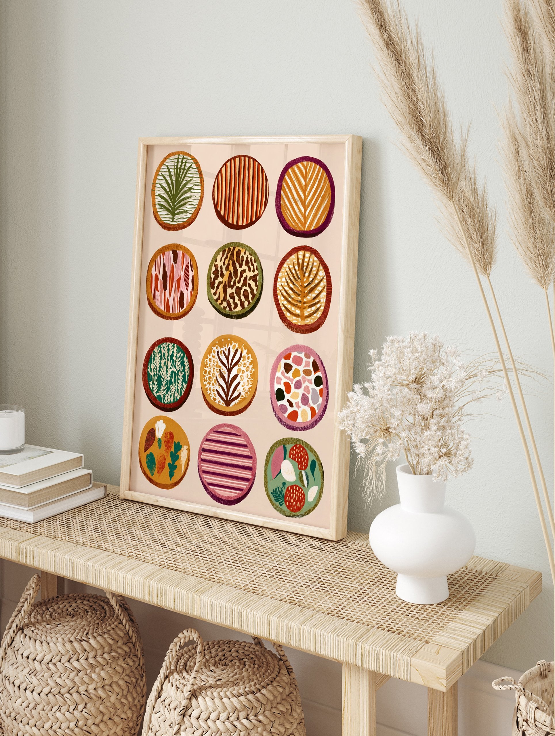 Twelve colorful circular patterns, including botanical leaves, stripes, and animal print, arranged on a light background. - Image 3