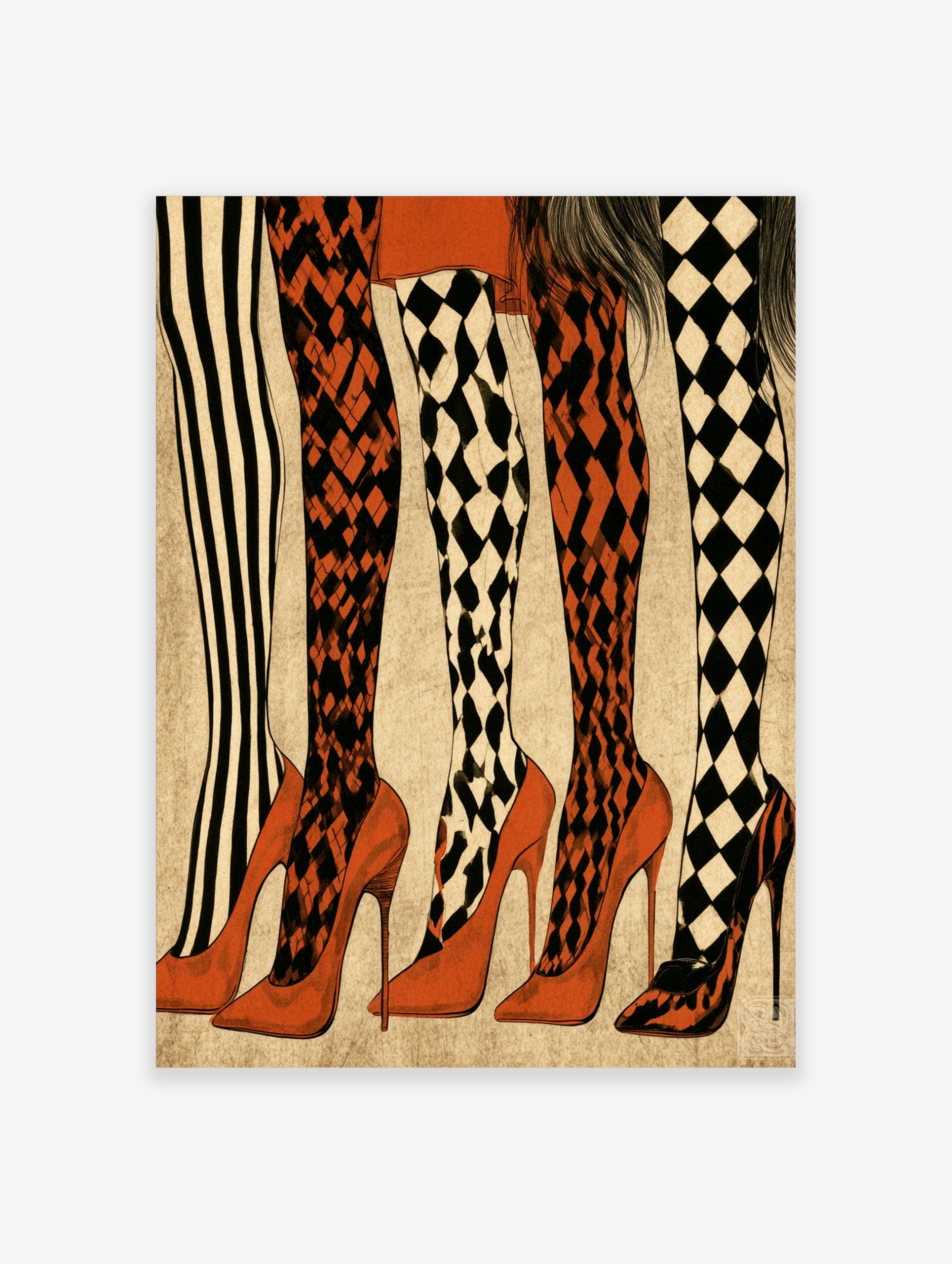 Fashion illustration of five pairs of legs wearing striped, diamond, and harlequin patterned hosiery with red high heels