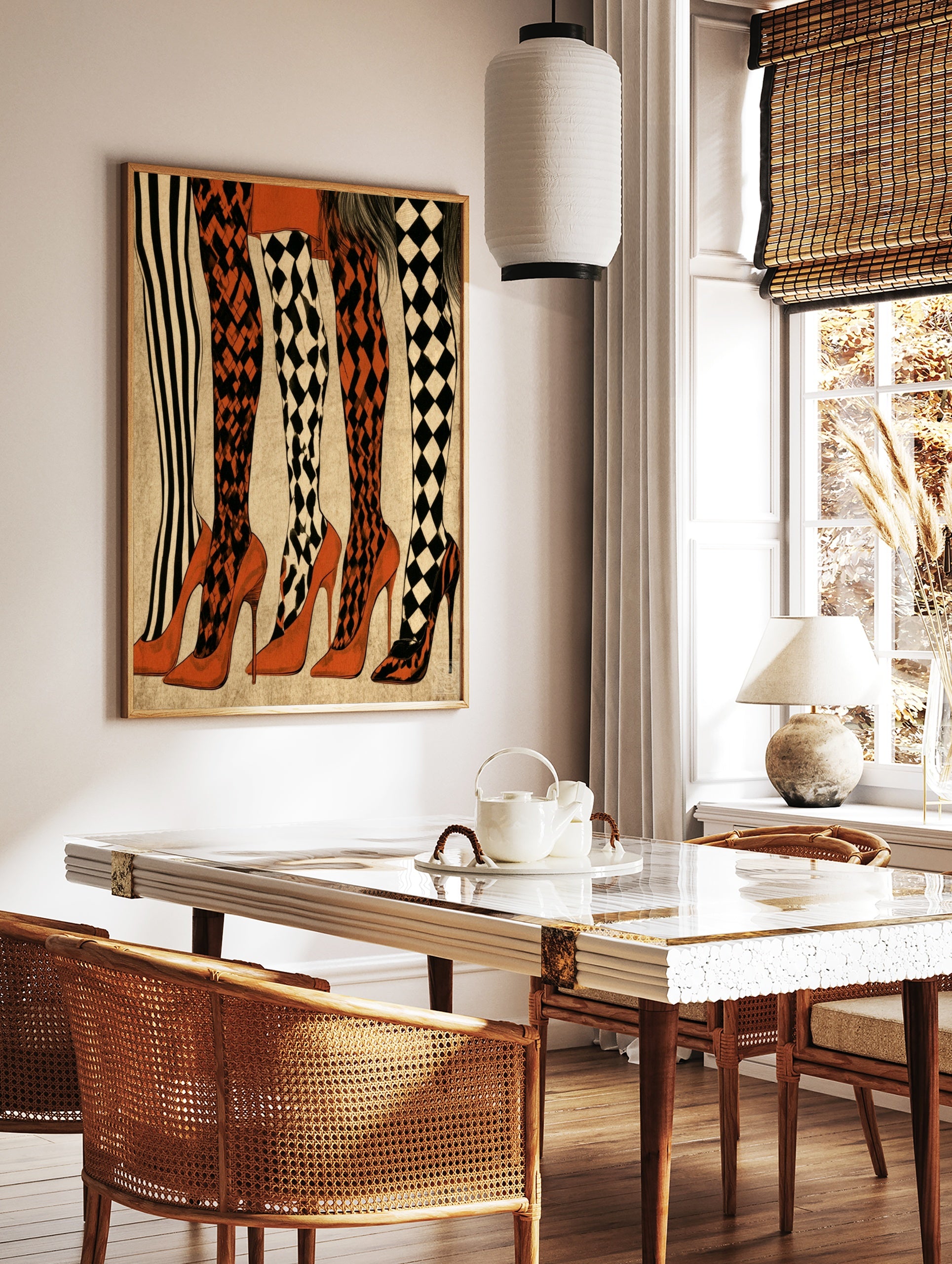 Fashion illustration of five pairs of legs wearing striped, diamond, and harlequin patterned, in a styled room mockup