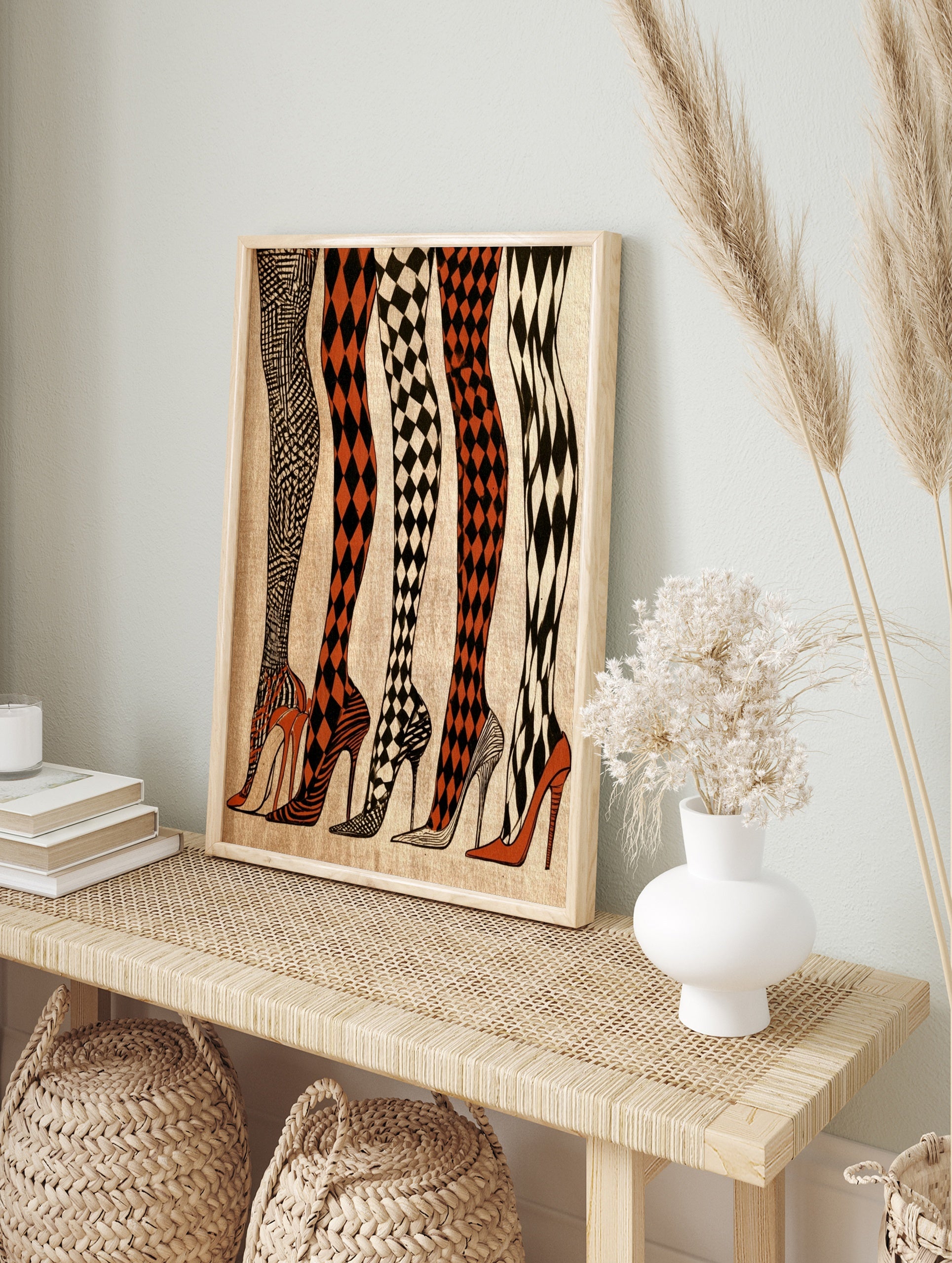 Fashion illustration of five legs in patterned tights and high heels in black, white, and, in an alternate framed mockup