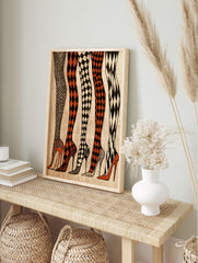 Fashion illustration of five legs in patterned tights and high heels in black, white, and, in an alternate framed mockup