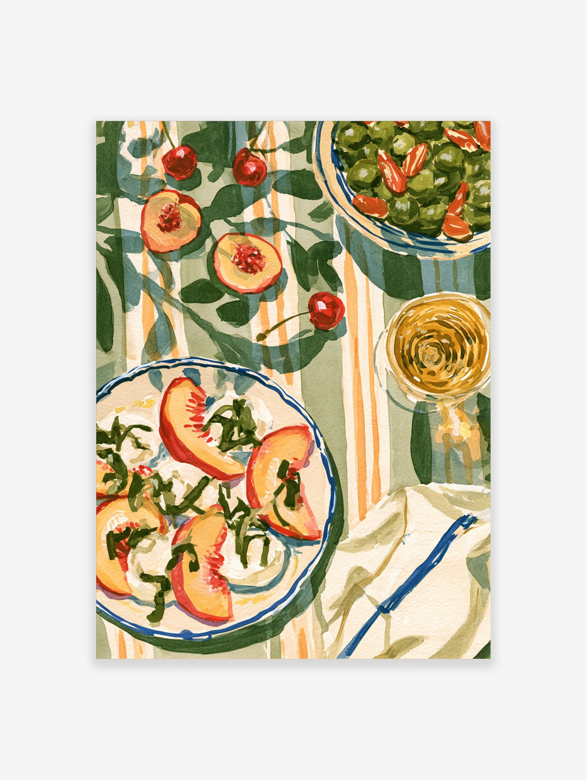 Still life poster of peaches, olives, cherries and white wine on a striped cloth