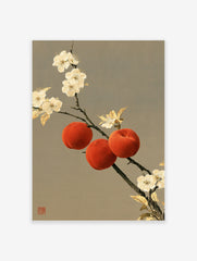 Traditional oriental wall art print featuring three red peaches and white blossoms on a branch against a grey background