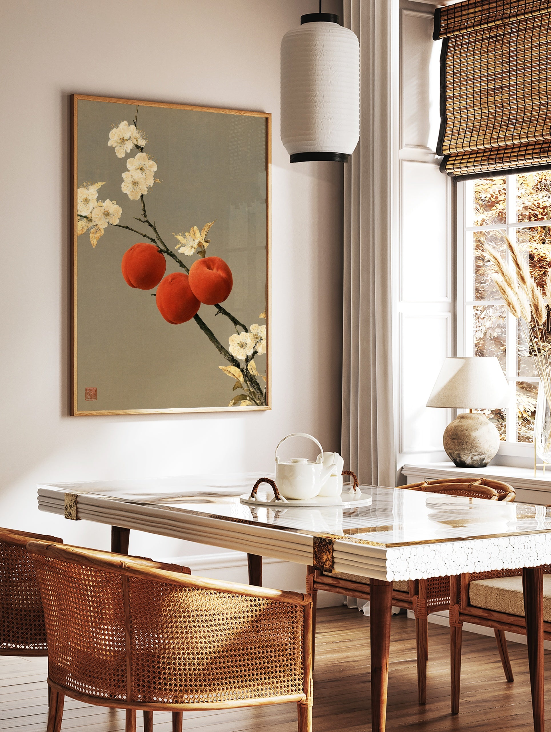 Traditional oriental wall art print featuring three red peaches and white blossoms on a branch, in a styled room mockup