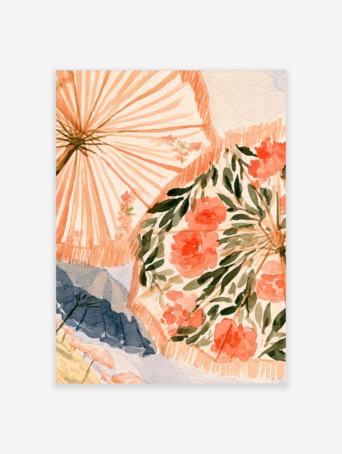 Watercolour umbrella print with peach and coral floral parasols, green leaves and blue-grey brushstrokes