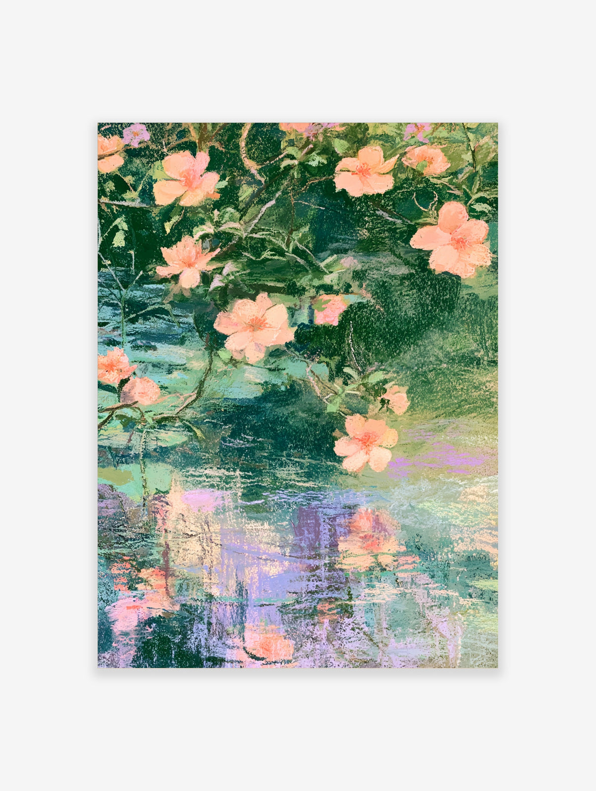 Peach blossom floral art print with pink flowers and green foliage reflected in water