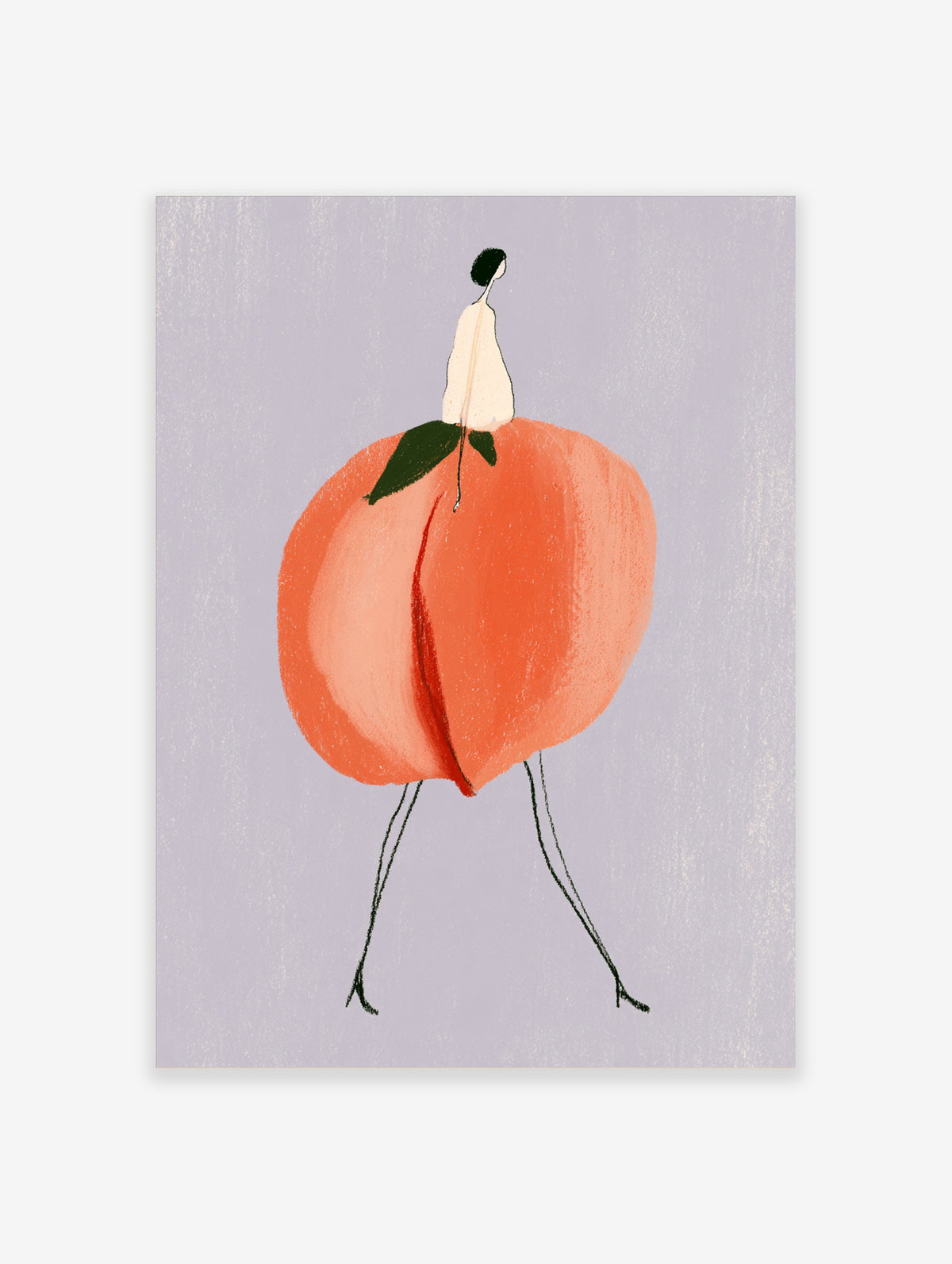 Surreal art print of a small figure sitting on a large coral peach with green leaf on lavender background