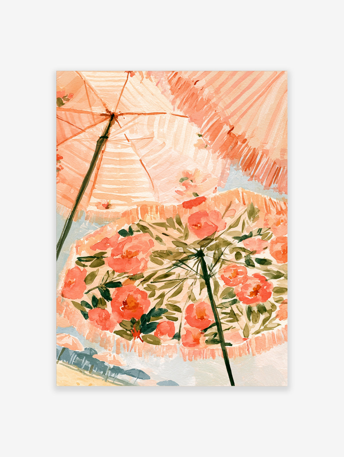 Watercolour beach umbrella poster with peach stripes and coral flowers, coastal wall art print