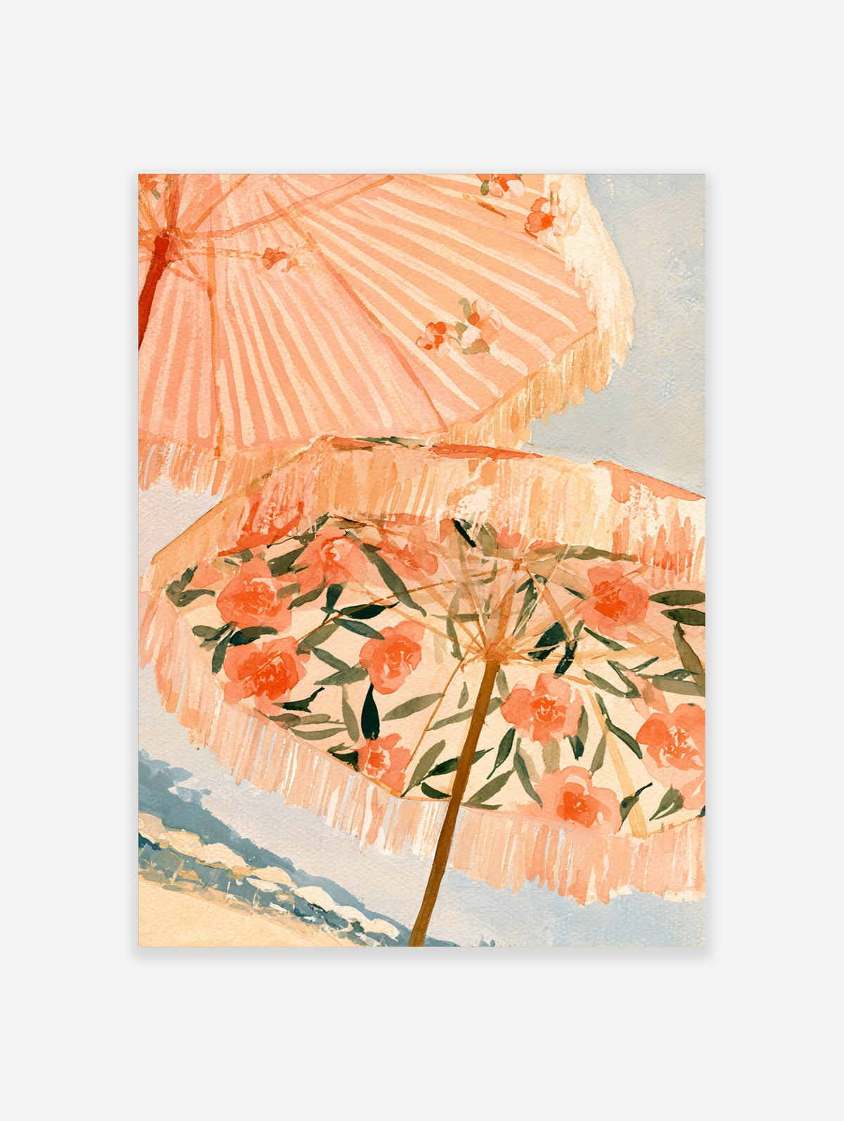 Peach floral beach umbrella watercolour art print with two fringed parasols and coral blooms