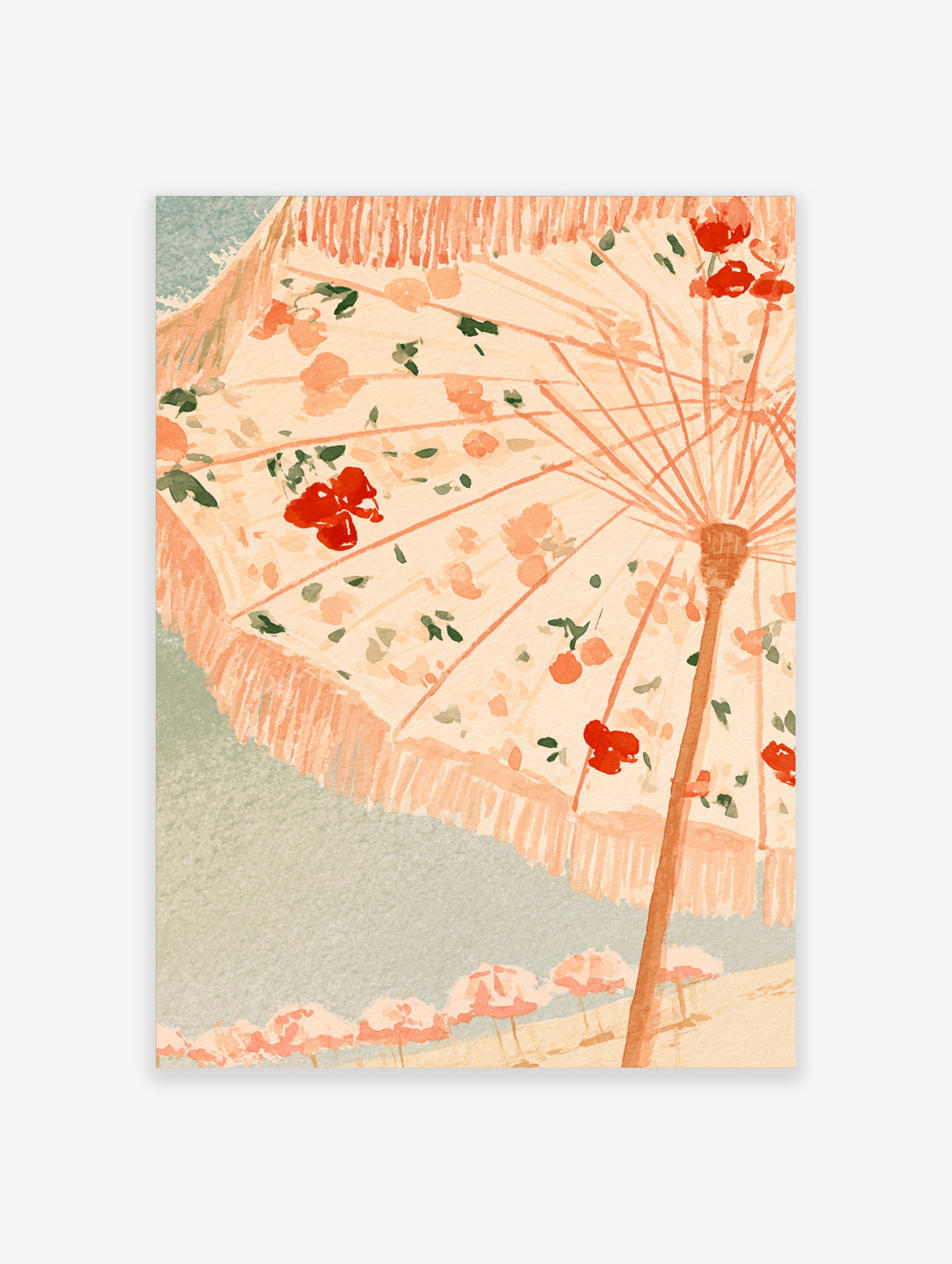 Peach floral parasol poster with red blossoms and fringed canopy above pastel beach umbrellas