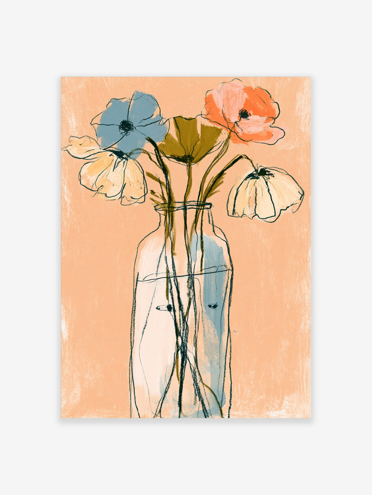 Peach floral vase wall art print with blue, orange and cream flowers in a clear glass vase