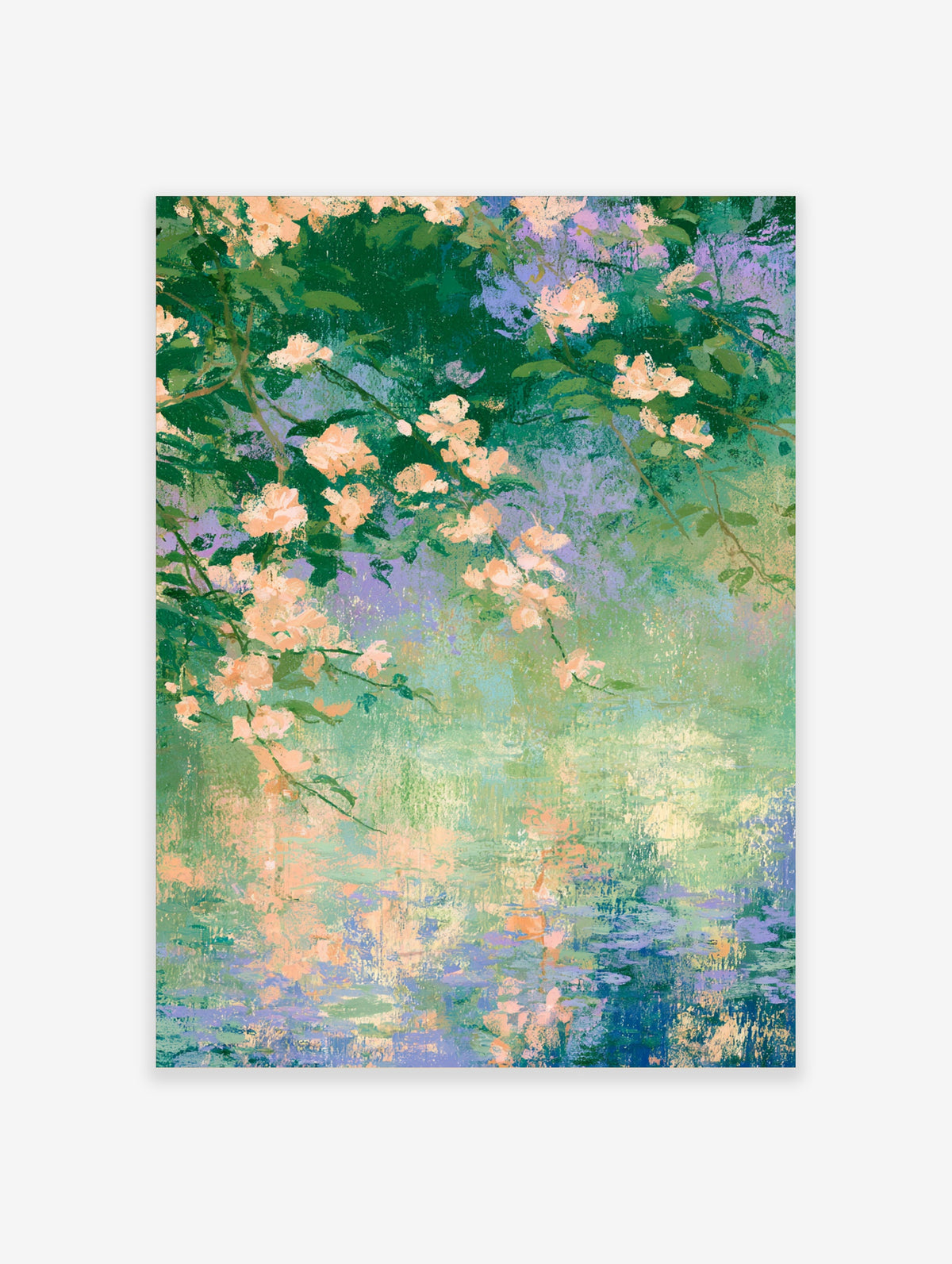 Peach floral water poster with blossoms and green leaves reflecting in a rippling pond