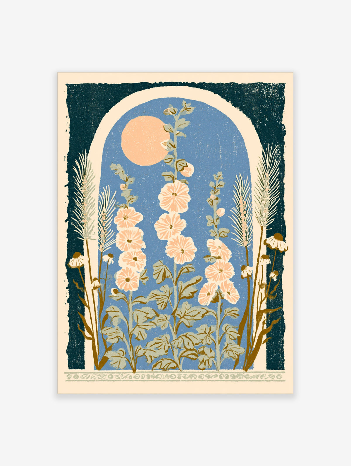 Peach hollyhock flower poster with blue arch, pale sun, and tall botanical stems