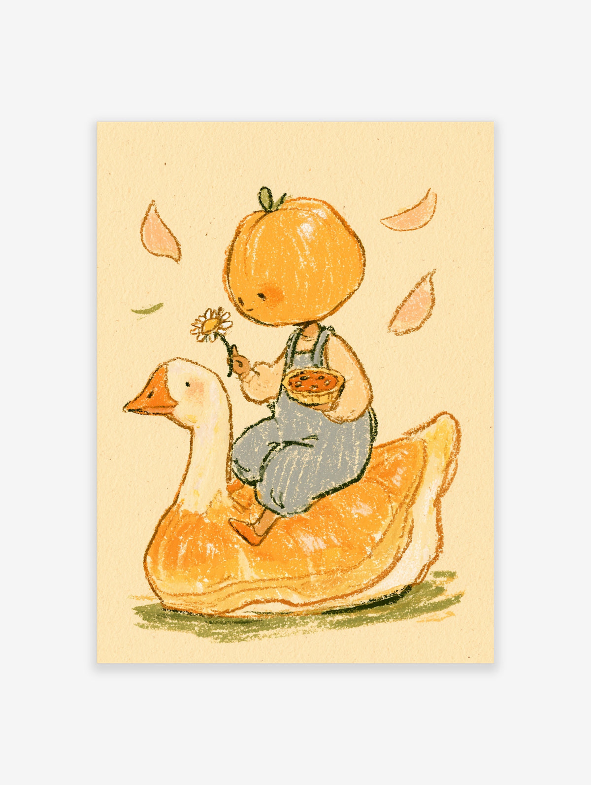 Peach kid in blue overalls riding an orange goose, holding a daisy and pie, with floating petals