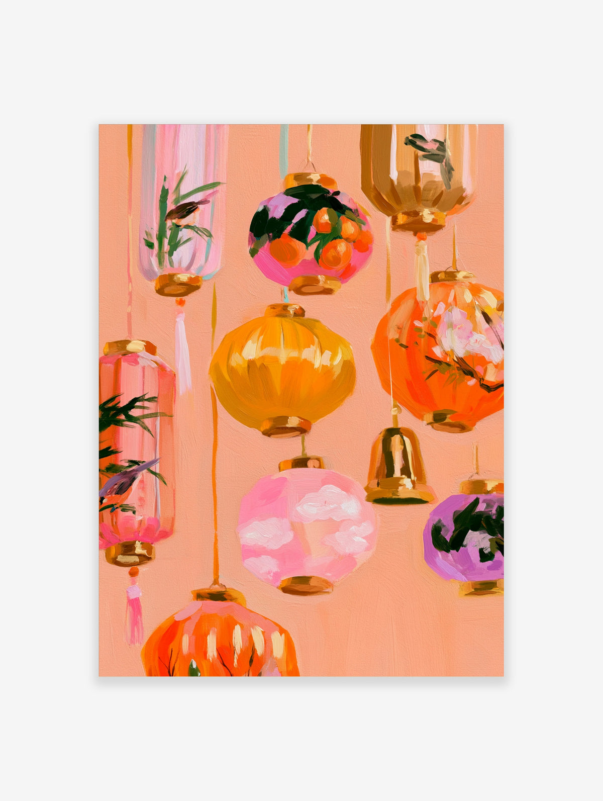 Peach lantern wall art print with hanging paper lanterns, citrus fruit, and blossom branches