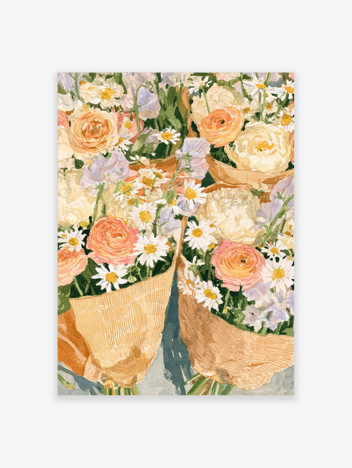 Watercolour bouquet of peach ranunculus and white daisies wrapped in tan paper