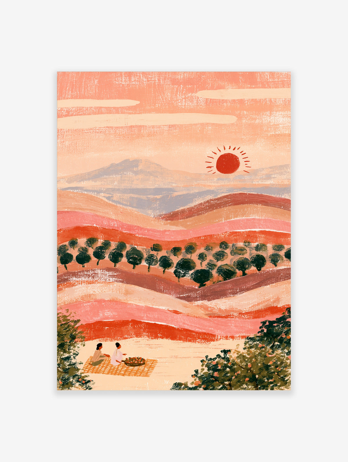 Peach sunset landscape poster with two figures picnicking on a checked blanket among rolling hills and trees
