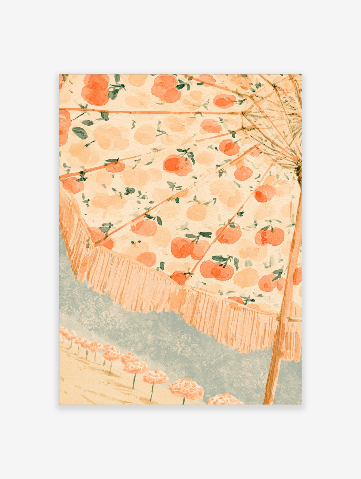 Watercolour peach umbrella art print with fringed edge and pale blue background