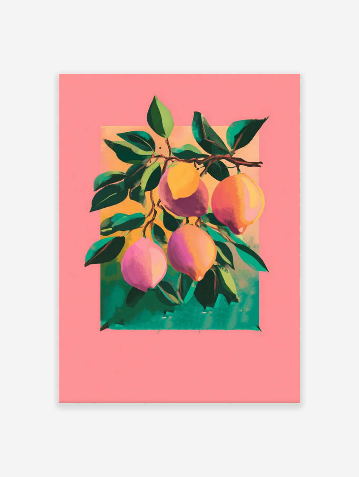 Peach wall art print with four fruits, dark green leaves, and pink and teal colour block background