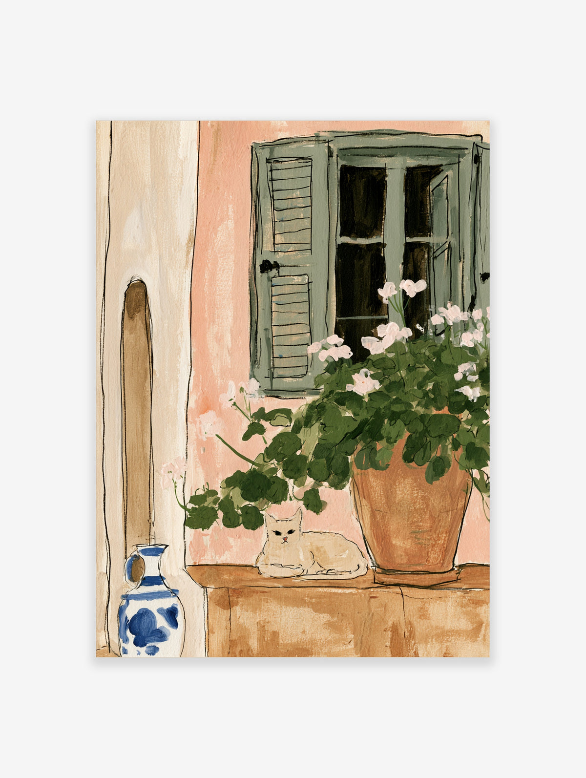 Peach wall art print with white cat, green shutters and terracotta flower pot
