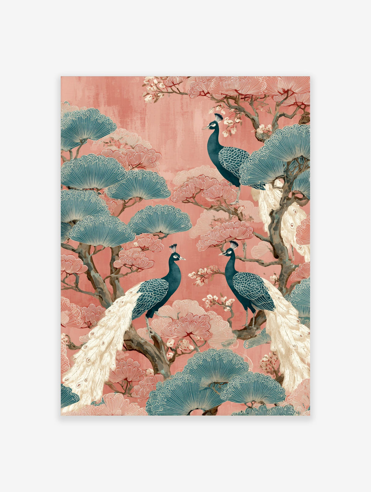 Illustrative wall art print with three teal peacocks, pink blossoms, and blue fan-shaped leaves on a coral background